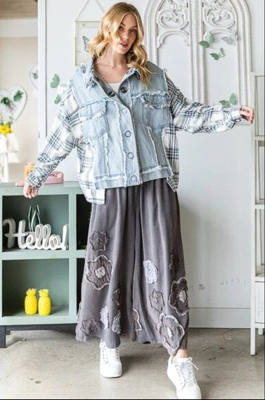 "Veronica" Blue Plaid Grommet Front Denim Jacket