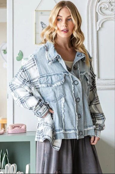 "Veronica" Blue Plaid Grommet Front Denim Jacket