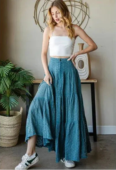 "Sweet Jane" Mineral Wash Blue Eyelet Tiered Maxi Skirt