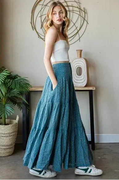 "Sweet Jane" Mineral Wash Blue Eyelet Tiered Maxi Skirt