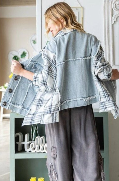 "Veronica" Blue Plaid Grommet Front Denim Jacket