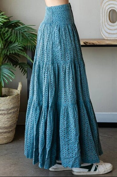 "Sweet Jane" Mineral Wash Blue Eyelet Tiered Maxi Skirt