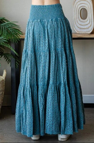 "Sweet Jane" Mineral Wash Blue Eyelet Tiered Maxi Skirt