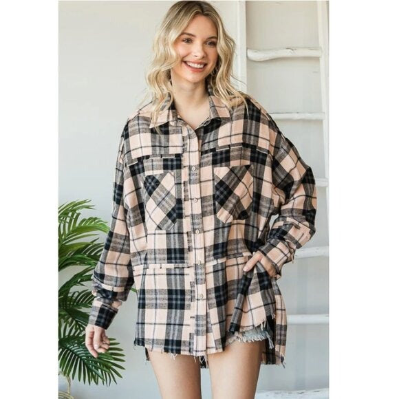 "Tandy" Tan Black Mineral Wash Plaid Flannel Shirt