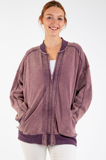 "Plumeria" Cotton Zip Up Jacket in Eggplant