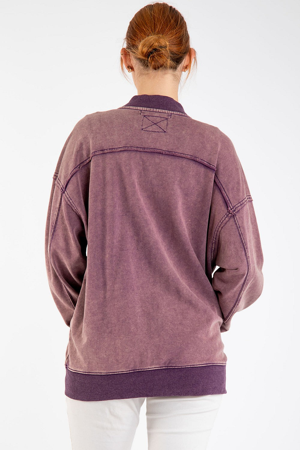 "Plumeria" Cotton Zip Up Jacket in Eggplant
