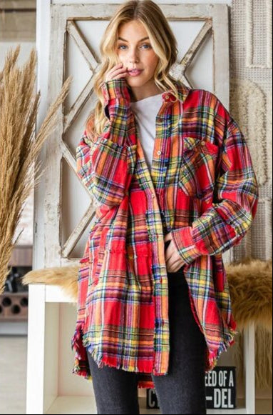 "Blaine" Flannel Button Up Plaid Shirt in Red