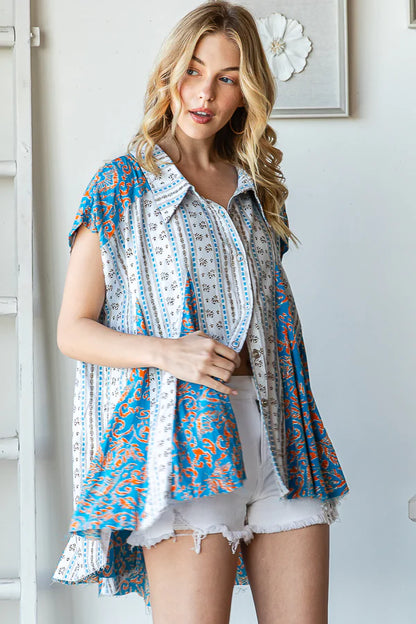 "Flare Dance" Blue Printed Button Up Swing Top