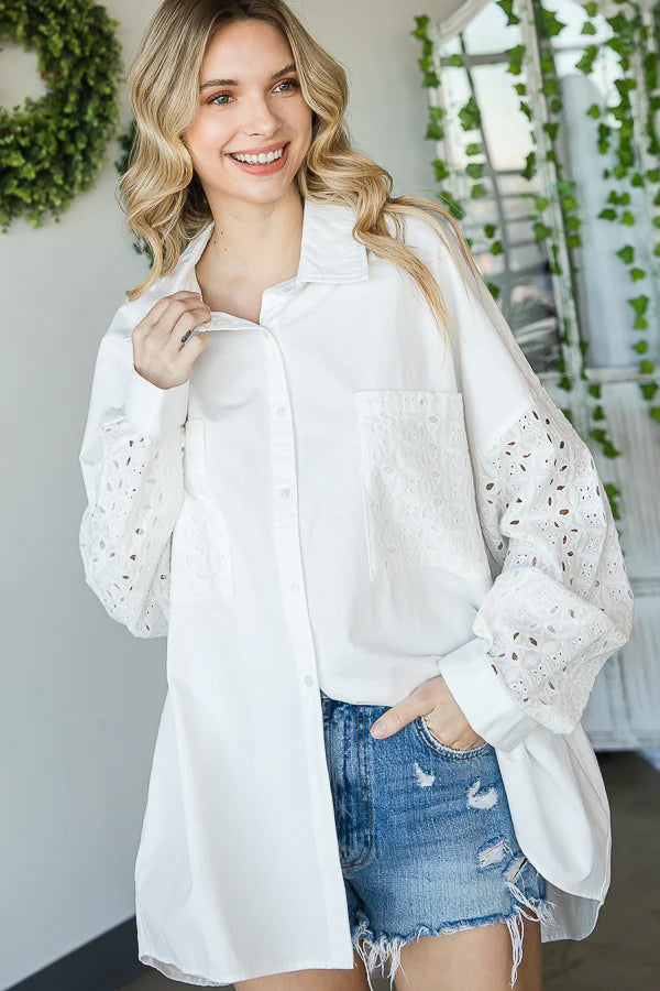 "Eye See You" Off White Eyelet Sleeve Button Up Shirt