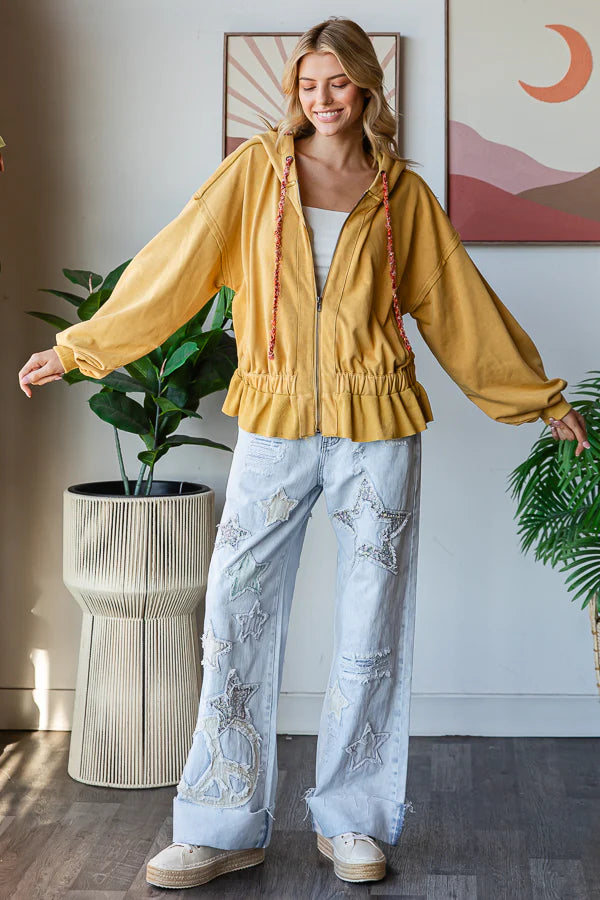 "Olivia" Soft Washed Zip Oversized Hoodie Jacket in Gold