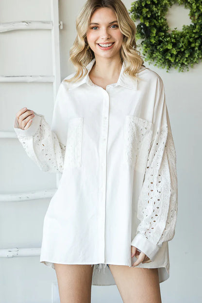 "Eye See You" Off White Eyelet Sleeve Button Up Shirt