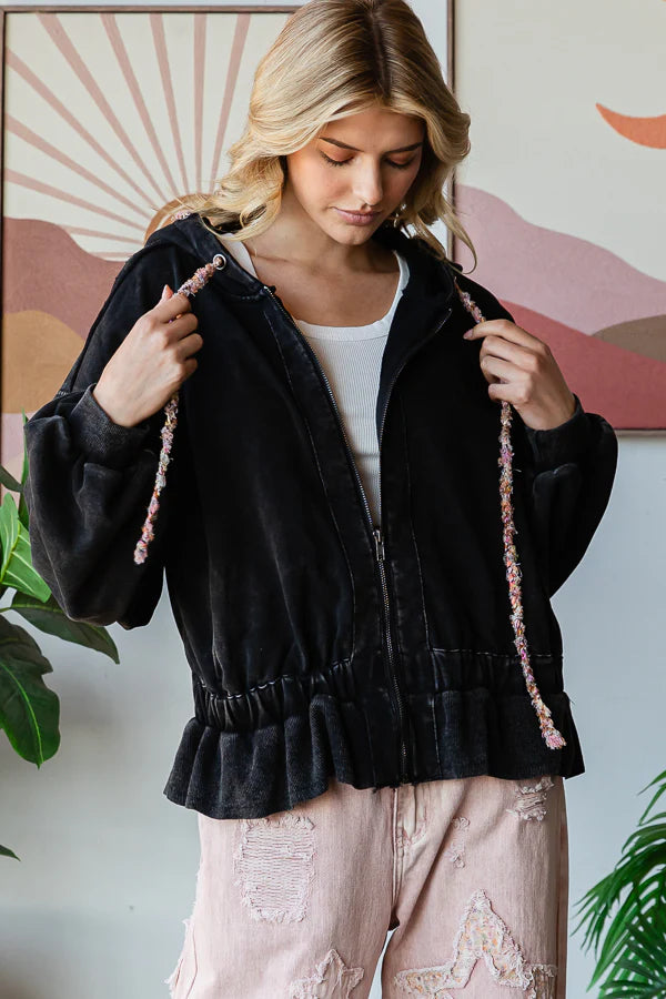 "Olivia" Soft Washed Zip Oversized Hoodie Jacket in Black