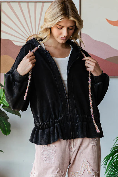 "Olivia" Soft Washed Zip Oversized Hoodie Jacket in Black