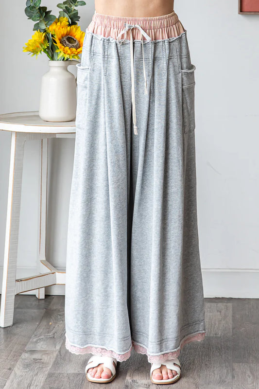 "Ballet Sweats" Grey Pink Twofer Waistband Wide Leg Pants