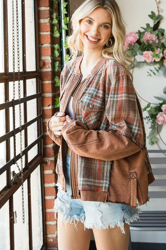 "Trina" Zip Up Plaid Jacket in Brown