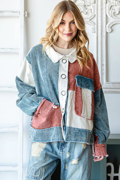 "Tilly" Colorblock Corduroy Jacket Teal Rust