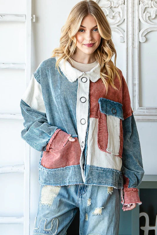 "Tilly" Colorblock Corduroy Jacket Teal Rust