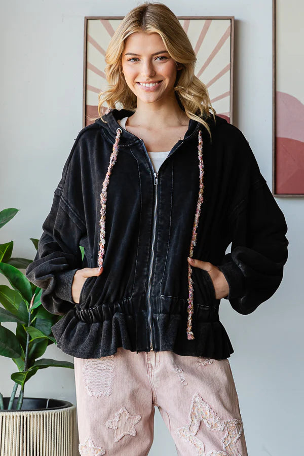 "Olivia" Soft Washed Zip Oversized Hoodie Jacket in Black