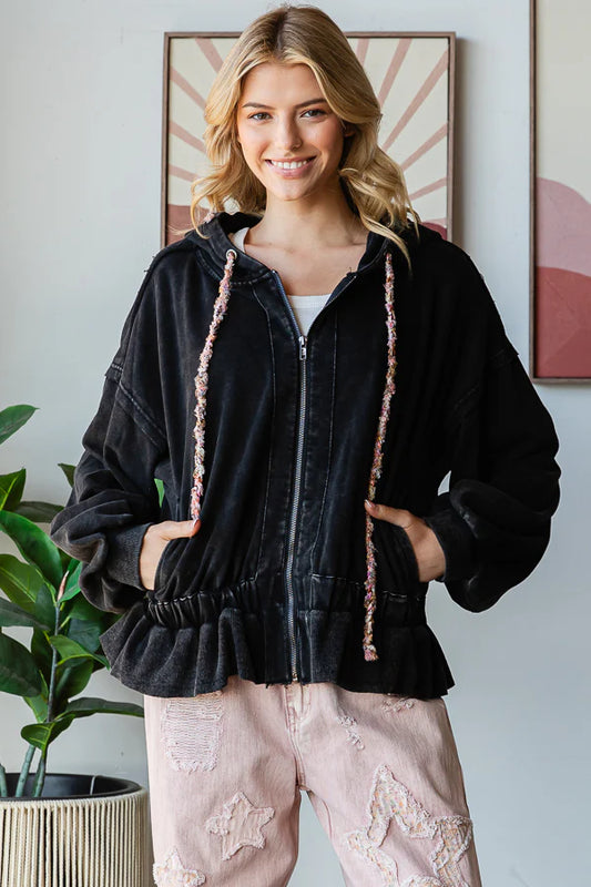 "Olivia" Soft Washed Zip Oversized Hoodie Jacket in Black