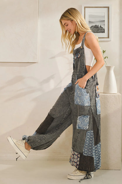 "Laura" Patchwork Overall in Washed Black