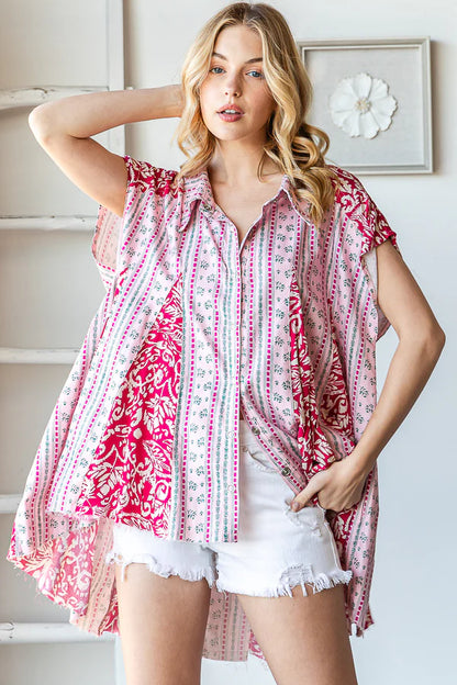 "Flare Dance" Pink Printed Button Up Swing Top