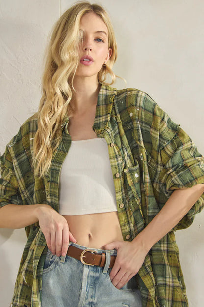 "Greensleeves" Cotton Plaid Long Sleeve Shirt in Green