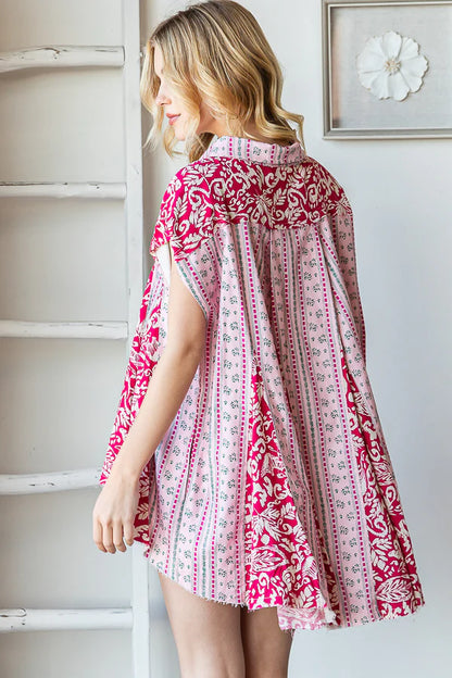 "Flare Dance" Pink Printed Button Up Swing Top
