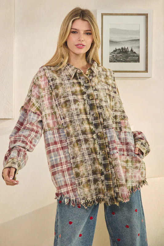 "Pink Moss" Olive Pink Plaid Cotton Button Up Shirt