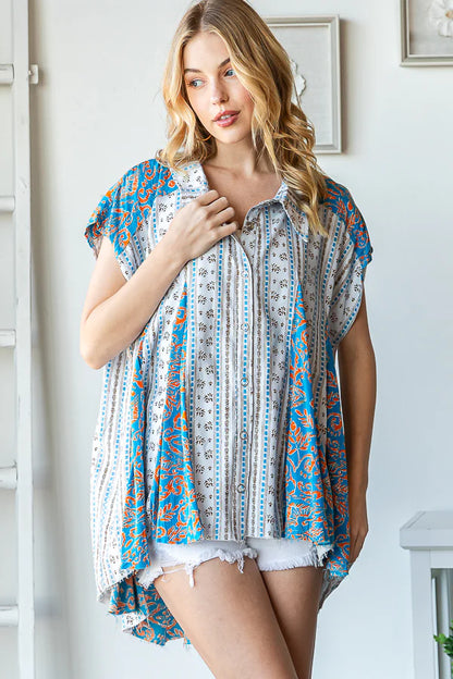"Flare Dance" Blue Printed Button Up Swing Top