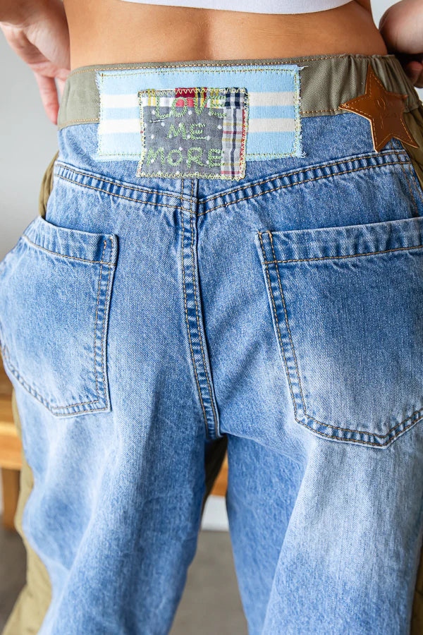 "Love Me More" Blue and Green Washed Colorblock Inset Jeans