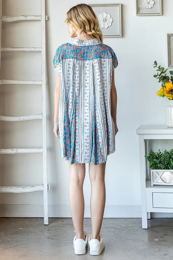 "Flare Dance" Blue Printed Button Up Swing Top