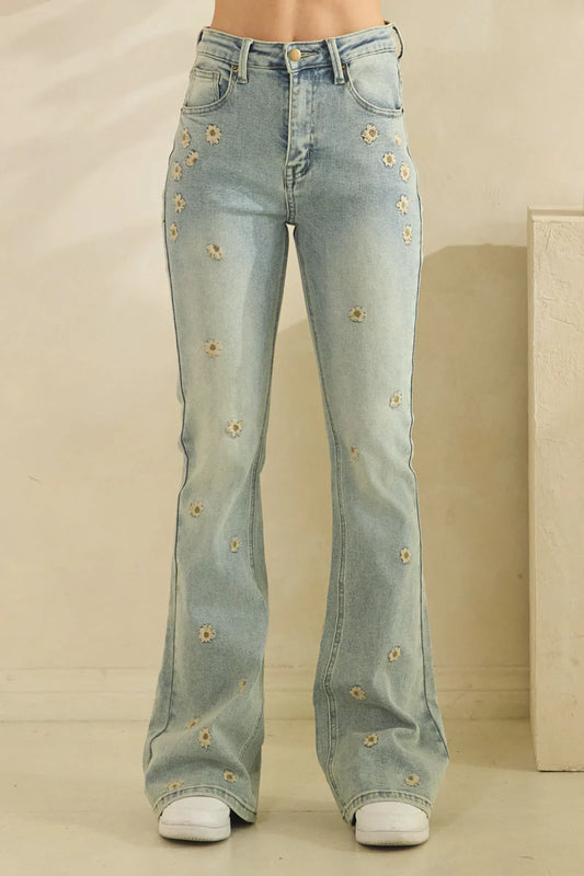 "Flower Play" Lt Wash Denim Floral Embroidered Flare Jeans