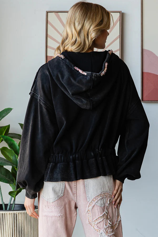 "Olivia" Soft Washed Zip Oversized Hoodie Jacket in Black