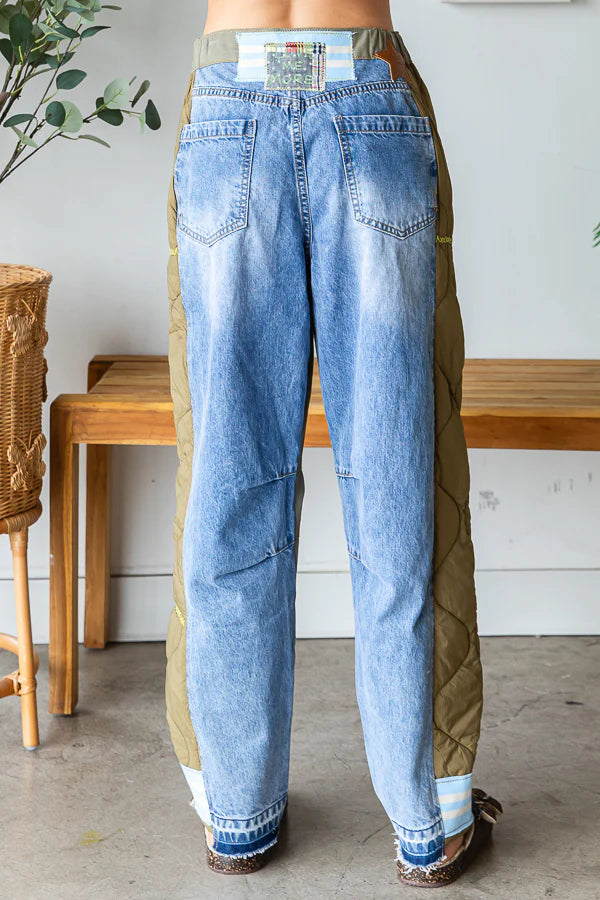 "Love Me More" Blue and Green Washed Colorblock Inset Jeans