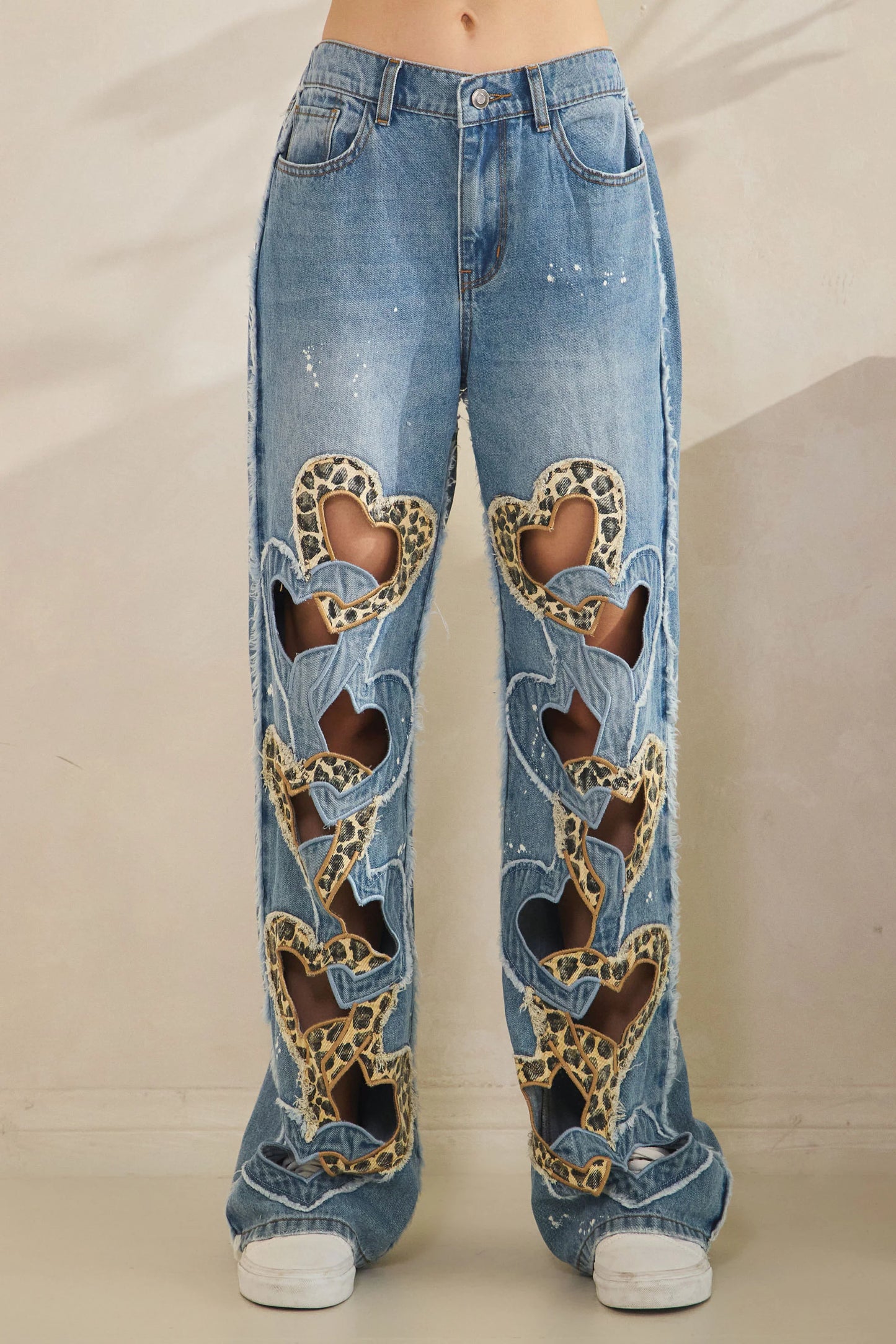 "Fierce Love" Leopard Heart Cut Out Jeans