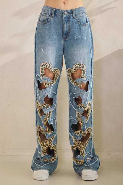 "Fierce Love" Leopard Heart Cut Out Jeans