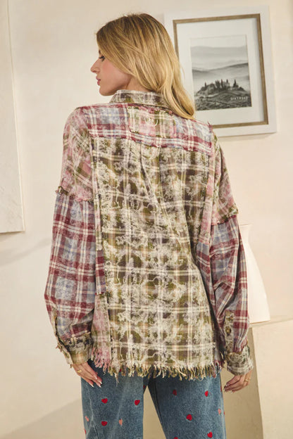 "Pink Moss" Olive Pink Plaid Cotton Button Up Shirt