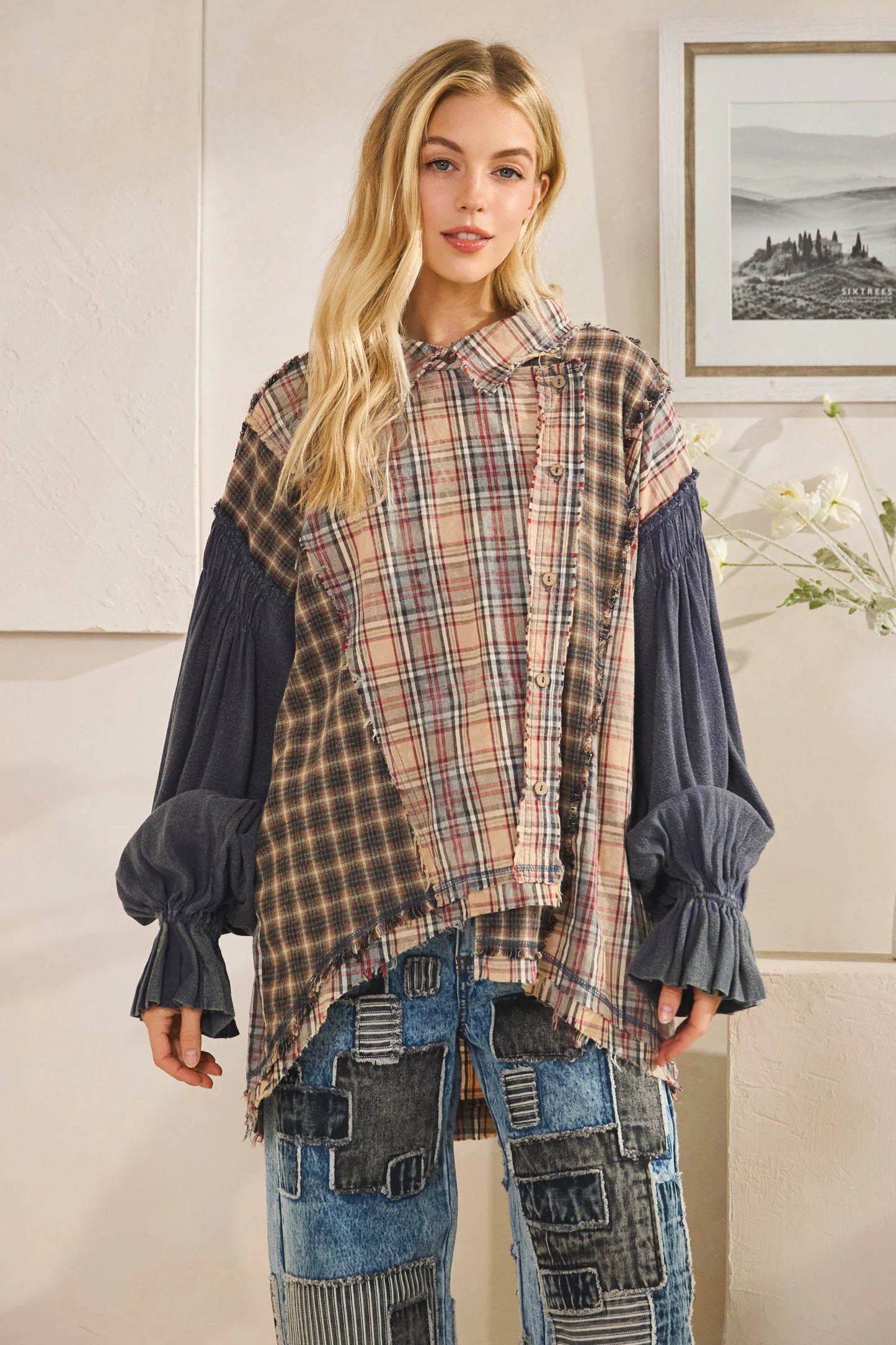 "Painterly" Navy Asymmetrical Plaid Button Up Shirt