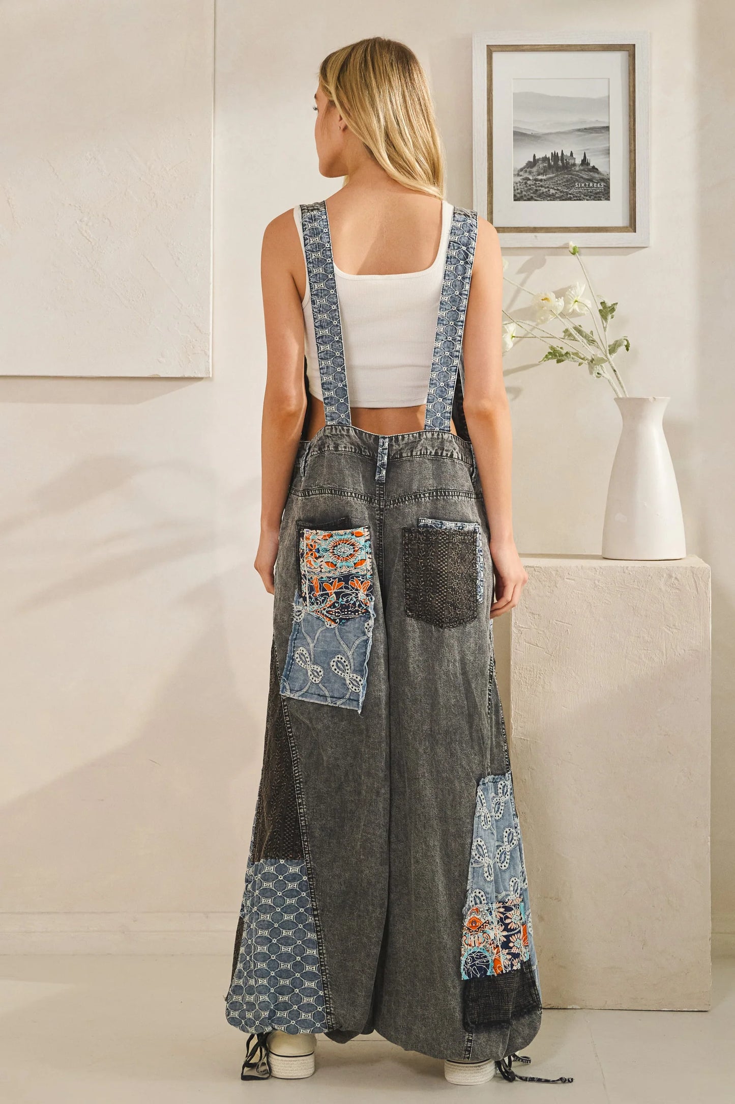 "Laura" Patchwork Overall in Washed Black