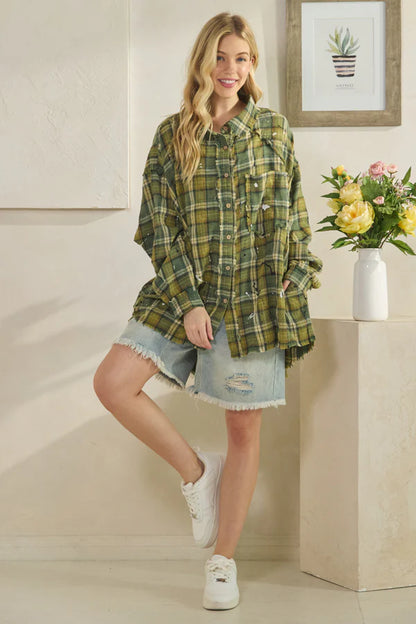 "Greensleeves" Cotton Plaid Long Sleeve Shirt in Green