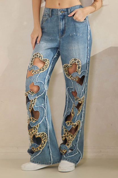 "Fierce Love" Leopard Heart Cut Out Jeans