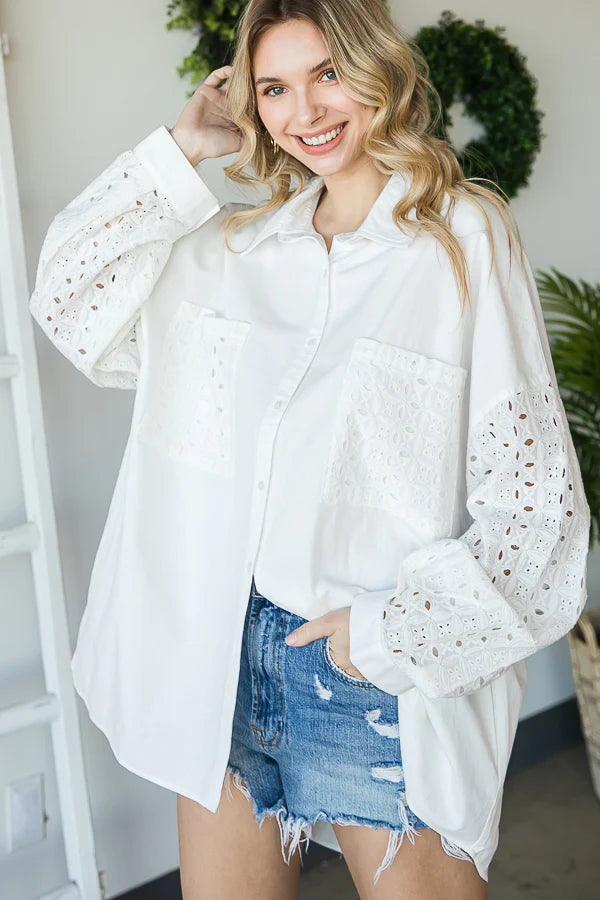"Eye See You" Off White Eyelet Sleeve Button Up Shirt