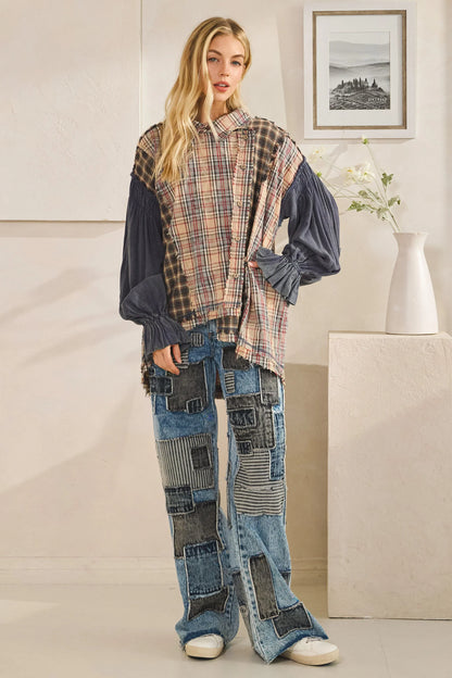 "Painterly" Navy Asymmetrical Plaid Button Up Shirt