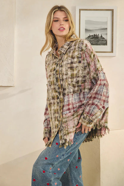 "Pink Moss" Olive Pink Plaid Cotton Button Up Shirt
