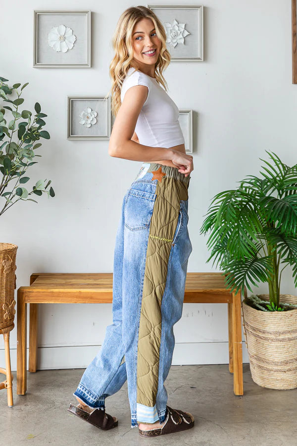 "Love Me More" Blue and Green Washed Colorblock Inset Jeans