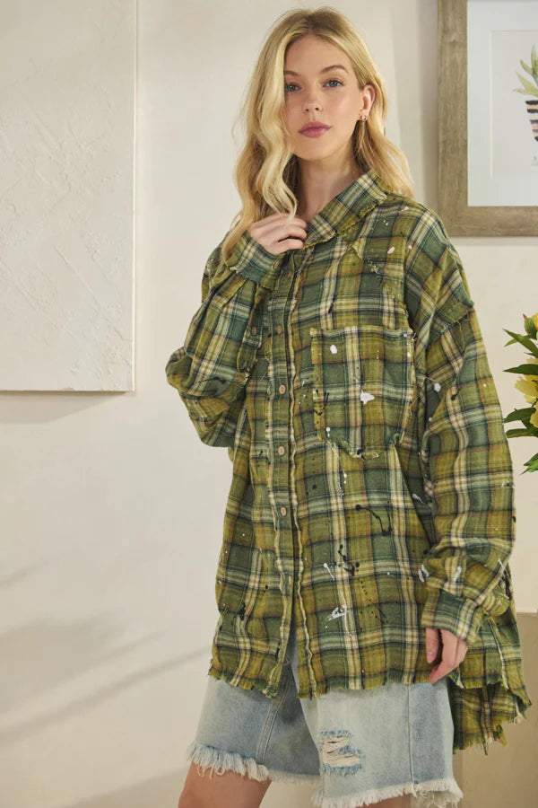 "Greensleeves" Cotton Plaid Long Sleeve Shirt in Green