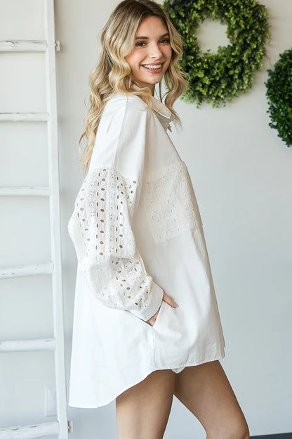 "Eye See You" Off White Eyelet Sleeve Button Up Shirt