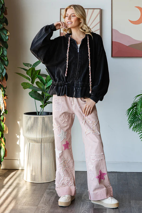 "Olivia" Soft Washed Zip Oversized Hoodie Jacket in Black