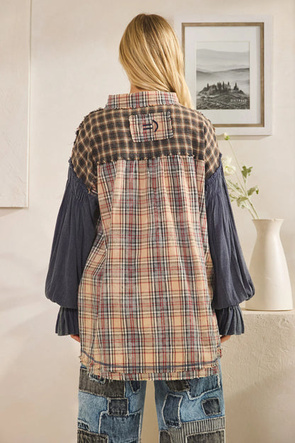 "Painterly" Navy Asymmetrical Plaid Button Up Shirt