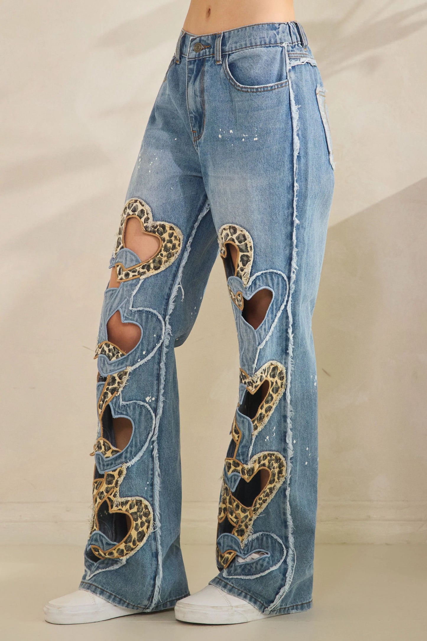 "Fierce Love" Leopard Heart Cut Out Jeans